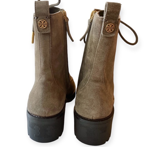 Tory Burch Suede Combat Lug Sole Lace Up Boots Nat River Rock Brown 85071 Gold - Picture 8 of 12